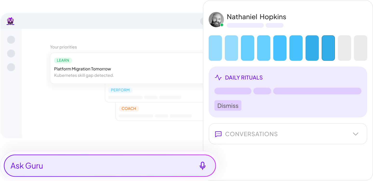 OneGuru dashboard showing prioritized learning tasks alongside an HR management widget with daily rituals and an Ask Guru search bar